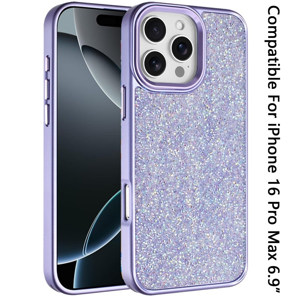 For iPhone 16 Pro Max (6.9") Crystal Sparkle Diamond Glass Full Mini Glitter Bling Frame TPU Hybrid Protective Case Cover