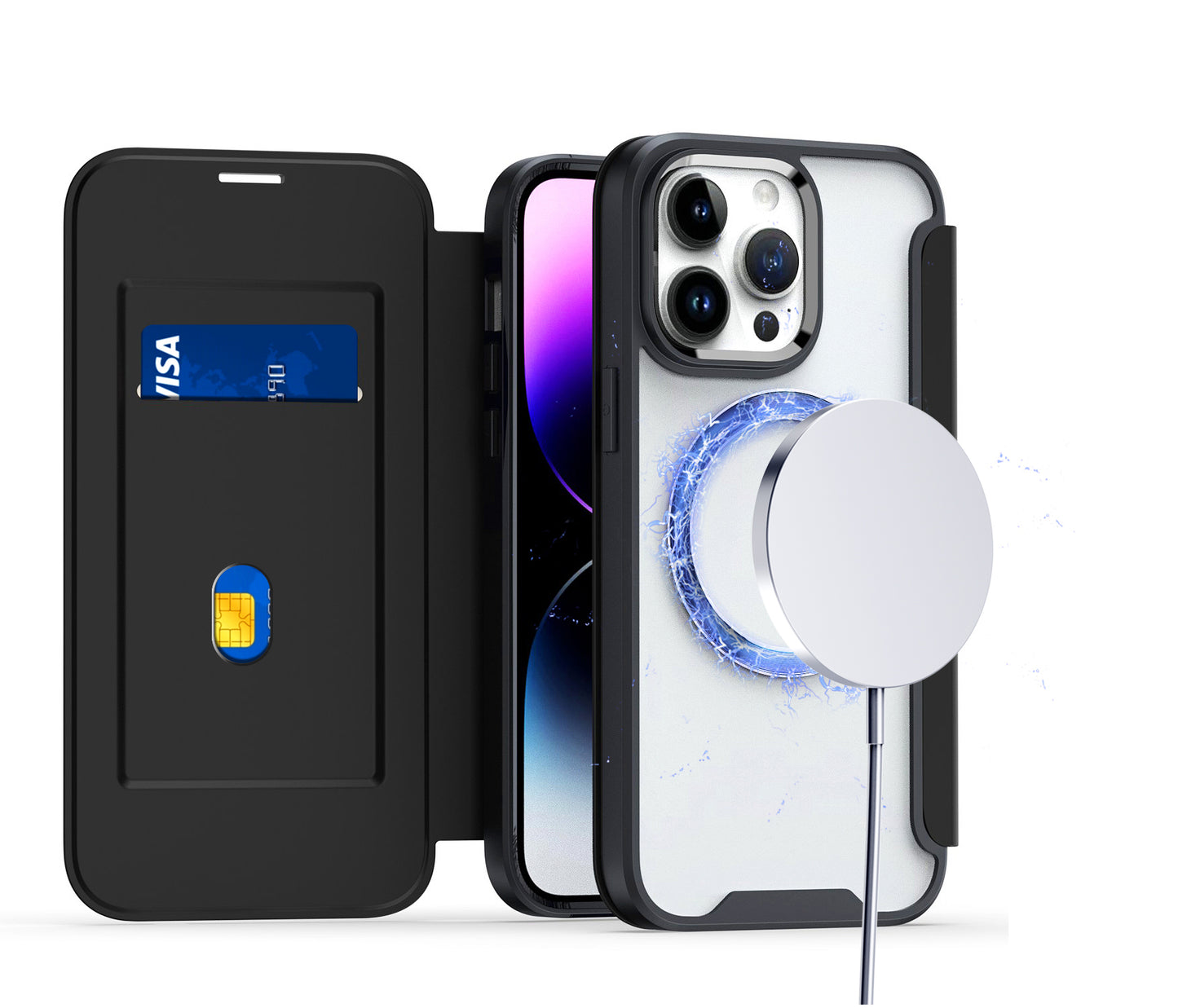 For Apple iPhone 16 Pro Max (6.9") Flap Wallet Case Credit Card Slot, Clear TPU Back Hard [Magnetic Circle] Compatible with Magsafe Case Cover Black