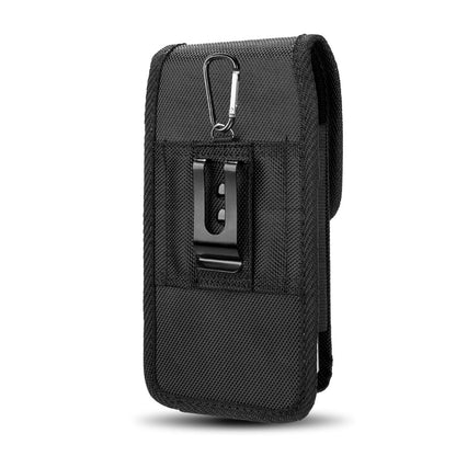 For Apple iPhone 16 Pro (6.3") Universal Pouch Case Vertical Phone Holster Durable Nylon Cover with Belt Clip Loop, Velcro & Hook Carabiner [Black]