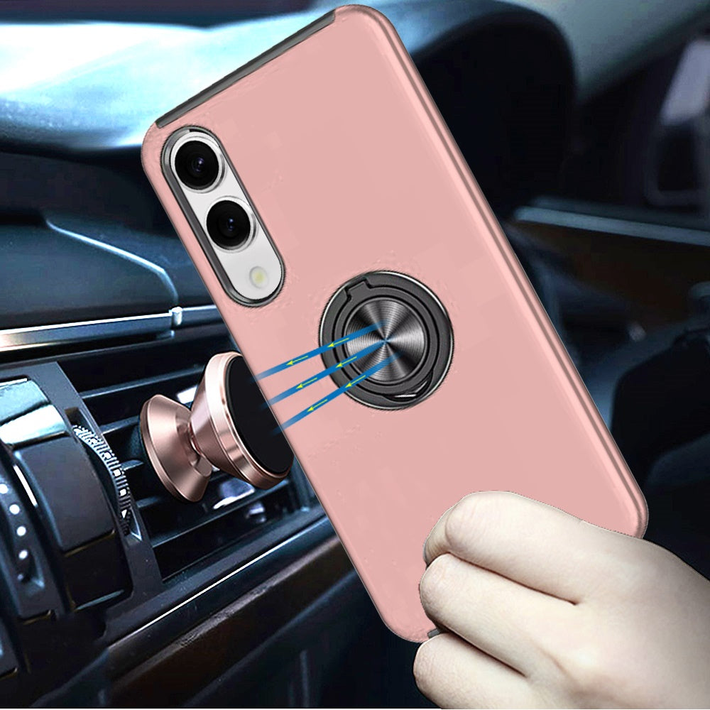 For Samsung Galaxy S25 EDGE Hybrid 360 Degree Rotatable Metal Invisible Ring Stand Holder Slim Fit Magnetic Car Mount Shockproof Case Cover Rose Gold