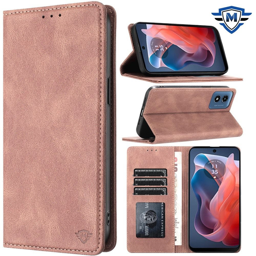 For Apple iPhone 16 Pro (6.3") Premium Wallet PU Vegan Leather ID Credit Card Slot Money Holder with Magnetic Closure Pouch Flip Case Cover Rose Gold