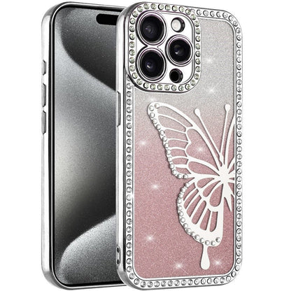 For Apple iPhone 16e Butterfly Glitter Diamond Shimmer Hybrid Slim & Stylish Electroplated Sparkly Bling Shockproof TPU Protective Case Cover