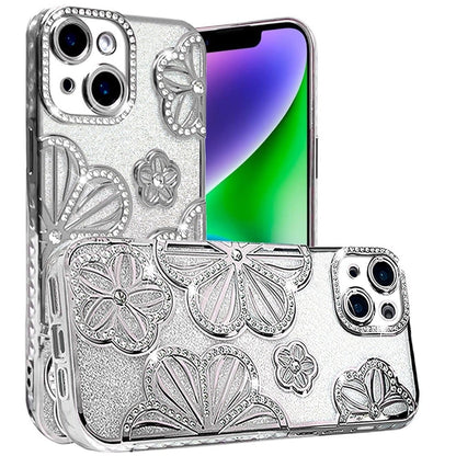 For iPhone 14/13 (6.1") Luxury Flower Design Sparkle Glitter Diamond Rhinestone Shimmer Bling Plating Thick TPU Hard PC Case Cover