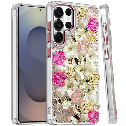 For Samsung Galaxy S25 Ultra 3D Diamond Floral Roses Flower Bling Stone Hybrid, Sparkly Rhinestone Gemstone Back Shockproof Case Cover