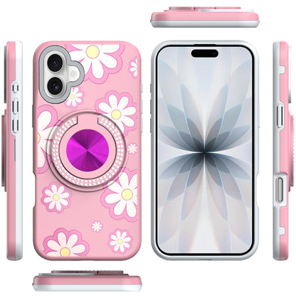 For Apple iPhone 17 (6.3") Pattern Design Hybrid with Invisible Ring Stand & Magnetic Back, Shockproof Protective Grip Case Cover Pink Daisy Flower