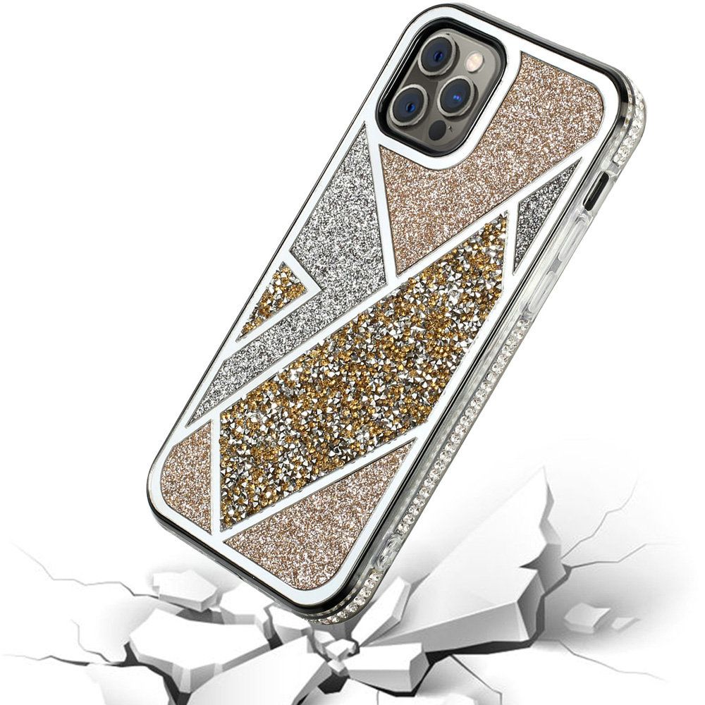 For Apple iPhone 16 Pro (6.3") Cute Fancy Glitter Bling Diamond Rhinestone Sparkly Bumper Fashion Shiny Hybrid Rugged TPU Case Cover Gold