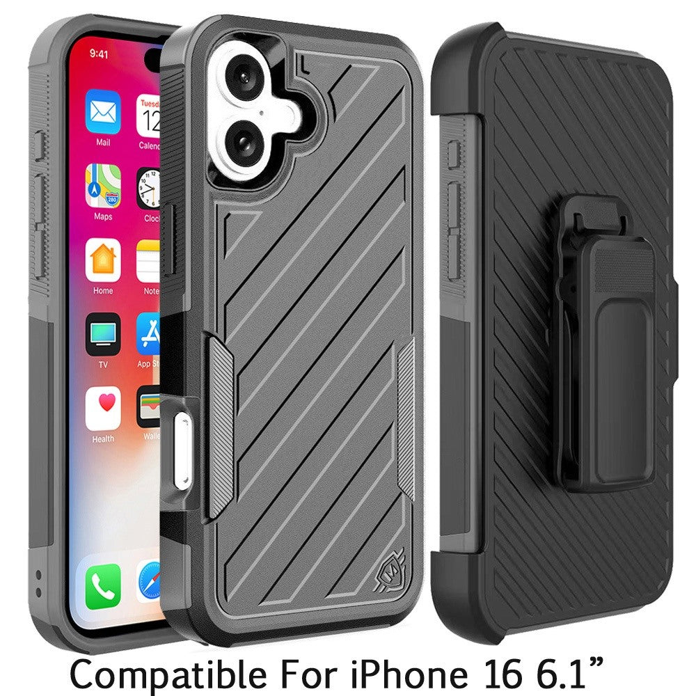 For Apple iPhone 16 (6.1") Premium Design Hybrid lined with Belt Clip Holster Shockproof Rugged Textured 2in1 Non Slip Tough Case Cover Gray