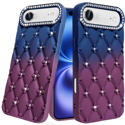 For Apple iPhone 17 Air (6.6") Fashion Flower Design Sparkle Glitter Shimmer Rhinestone Bling Floral Accents, Leather Texture TPU Case Cover