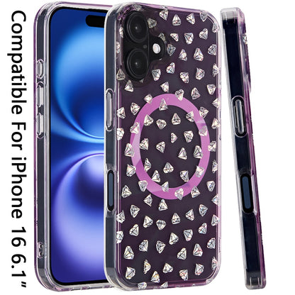 For Apple iPhone 16 (6.1") Floral Pattern Design Cute Clear Hybrid Compatible with Magsafe Double Layer Soft TPU Hard PC Back Slim Case Cover