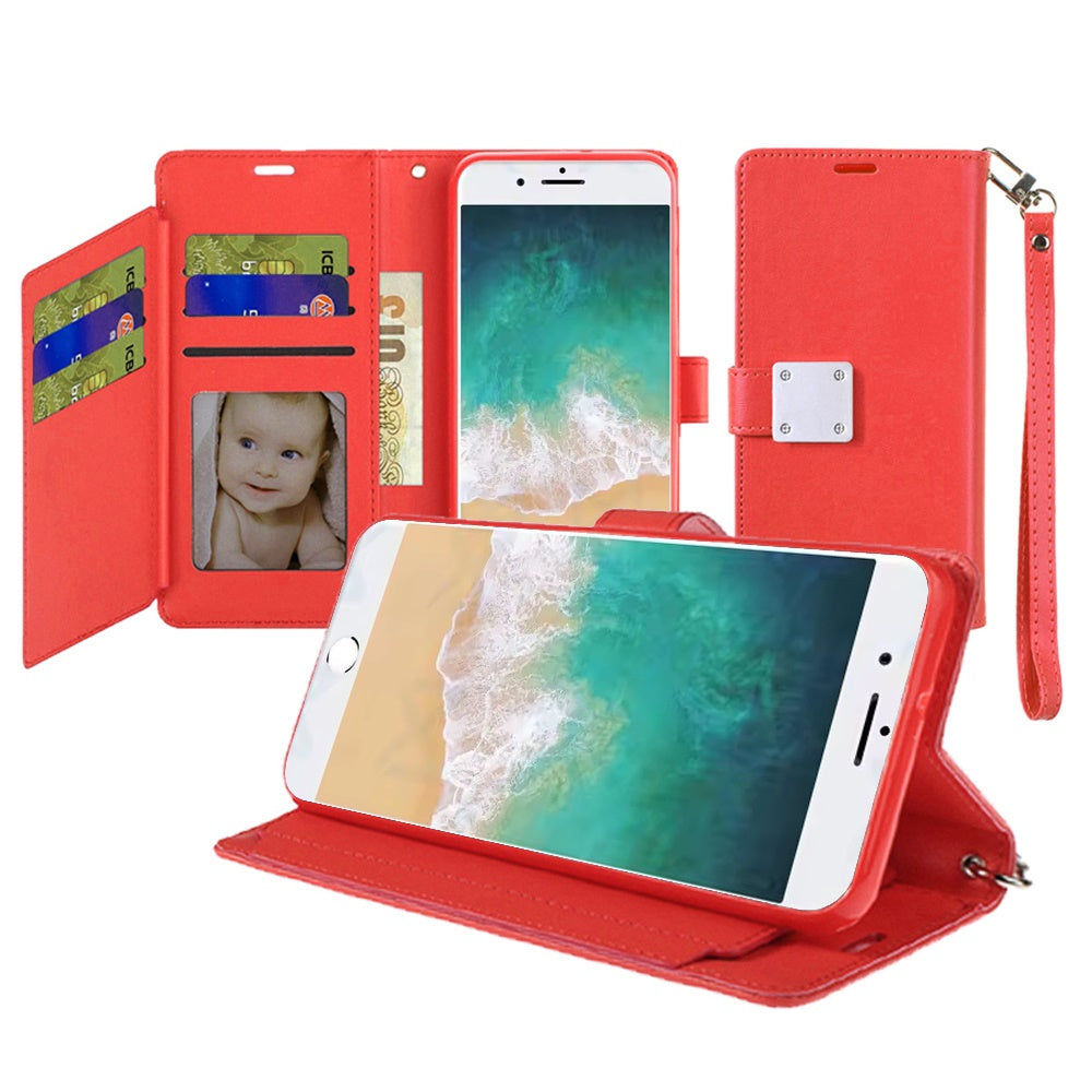 For Samsung Galaxy S21 Ultra Wallet Case with ID/ Card Holder, Wristlet Strap, Magnetic TPU Protective Shockproof Folio Flip Case Cover Red