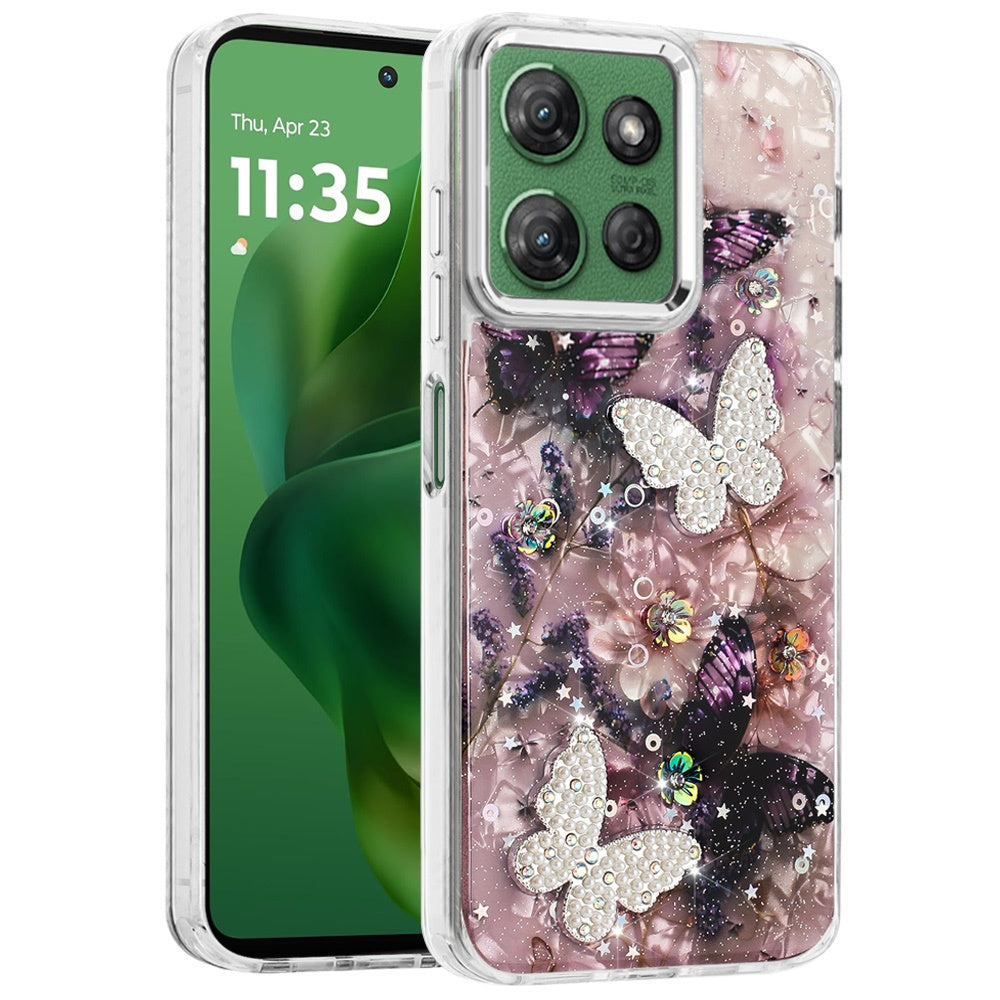 For Motorola Moto G Power 5G 2025 Epoxy Glitter Flowers Bling 3D Butterfly Fashion TPU Hybrid with Shockproof Protection Case Cover
