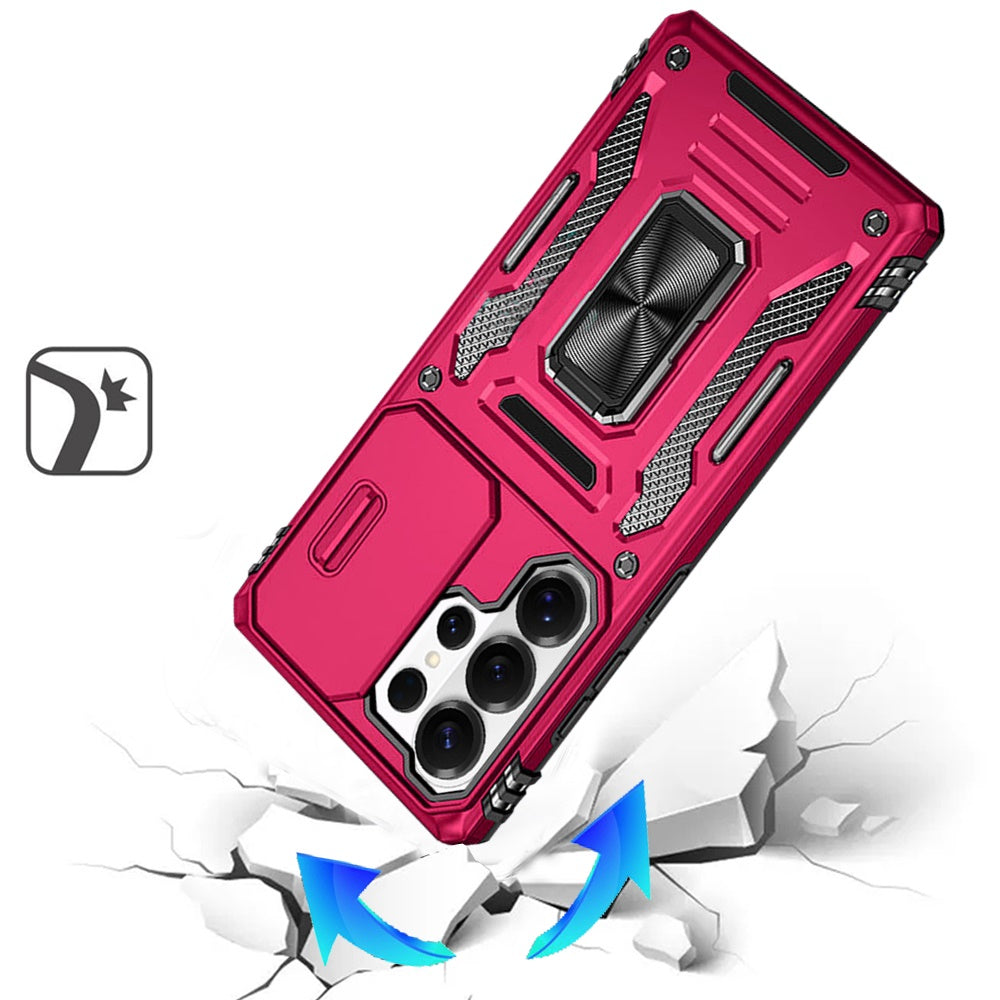 For Samsung Galaxy S26 Ultra Tough Hybrid Case with Movable Camera Window & Metal Ring Stand Shockproof Case Cover