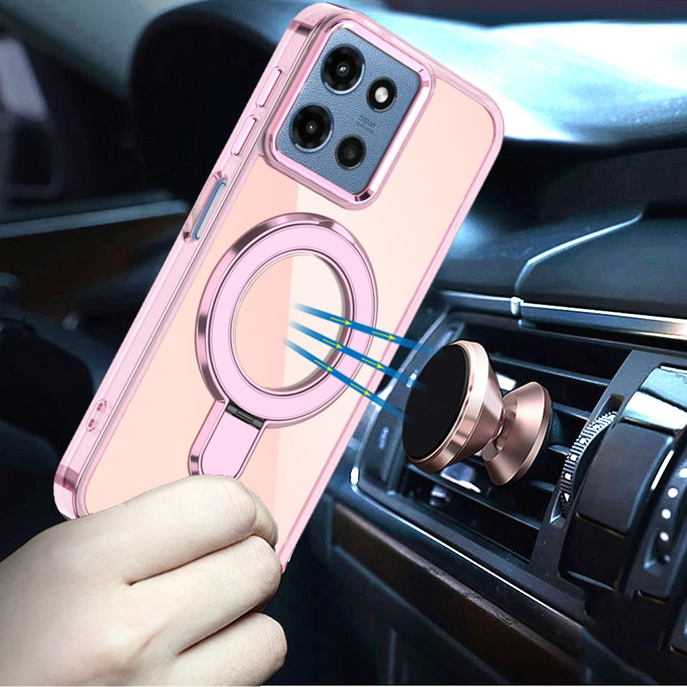 Phone Case for Motorola Moto G 5G 2026 / 2025 Chrome Magnetic Ring Stand Rotational Shockproof Hybrid Kickstand Metal Finish Rugged Drop Protection Armor Cover Light Pink