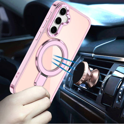 Phone Case for Samsung Galaxy S25 FE, S25 Fan Edition Chrome Magnetic Ring Stand Rotational Shockproof Hybrid Kickstand Metal Finish Rugged Drop Protection Armor Cover Light Pink