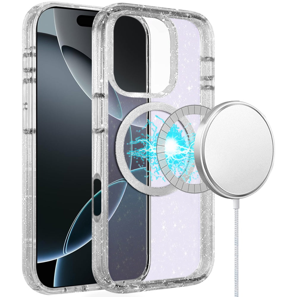 For Apple iPhone 16 (6.1") Transparent Glitter Bling Sparkly Shiny Case Hybrid Magnetic Circle Compatible with MagSafe Shockproof Case Cover