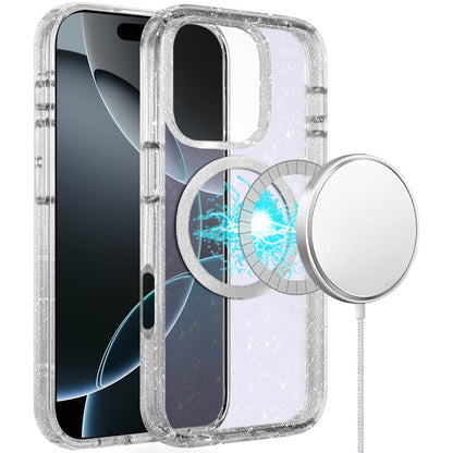 For Apple iPhone 16 Pro (6.3") Transparent Glitter Bling Sparkly Shiny Case Hybrid Magnetic Circle Compatible with MagSafe Shockproof Case Cover