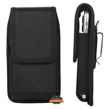 For Apple iPhone 16 (6.1") Nylon Canvas Fabric Waist Belt Holster Vertical Pouch Holds Large Phone Works with Thick Cases Universal Cover [Black]
