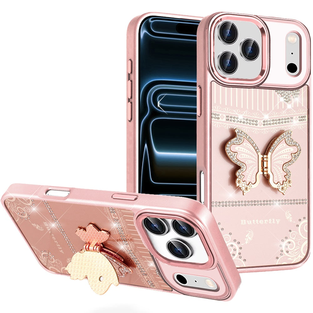 For Apple iPhone 17 Pro (6.3") Glitter 3D Butterfly Design Bling Metallic Edge Hybrid Stand Drop Protection TPU Shockproof Case Cover