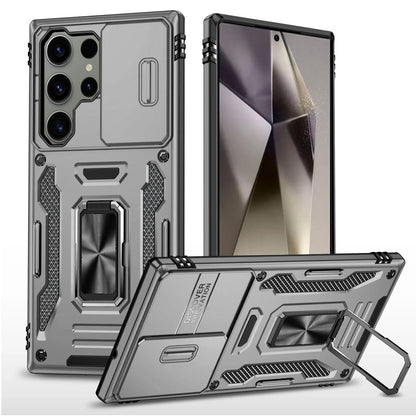 For Samsung Galaxy S25 Ultra Tough Hybrid Case with Movable Camera Window & Metal Ring Stand Shockproof Case Cover