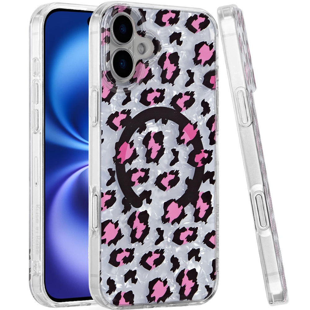 For Apple iPhone 17 Pro Stylish Pattern Fashion IMD Printed Design TPU Double Layer Slim Shockproof with Magnetic Back Case Cover Pink Leopard Skin