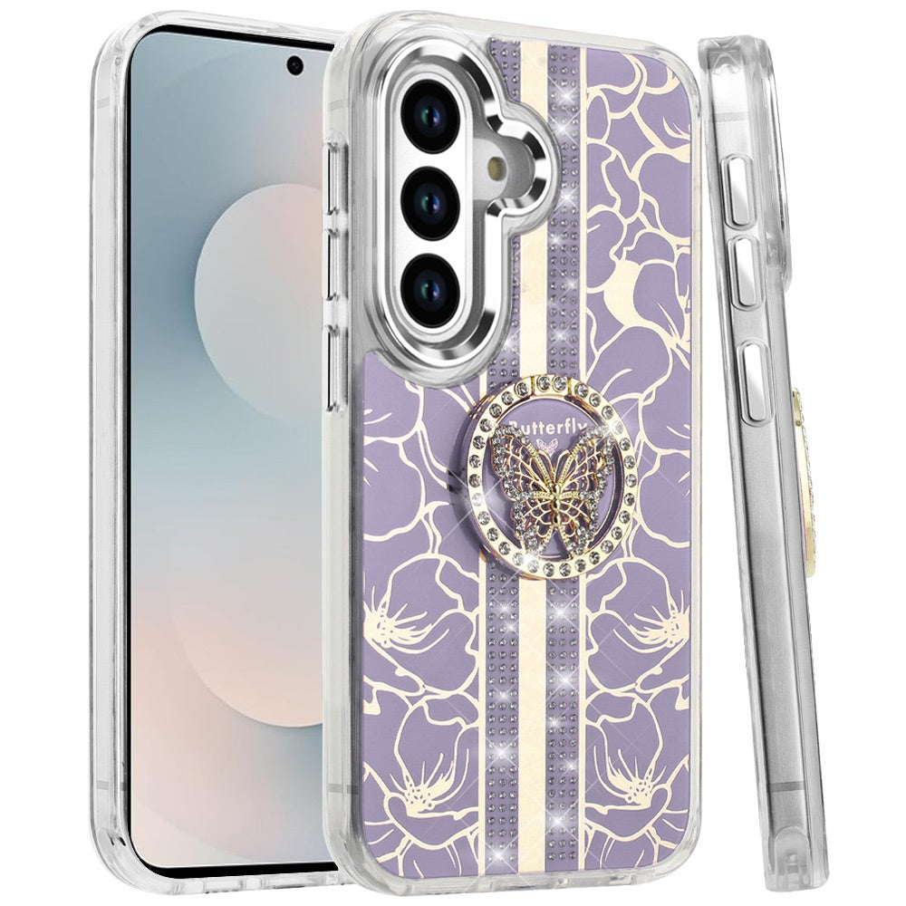 For Samsung Galaxy S26 Diamonds 3D Butterfly Floral Design Bling Sparkly Glitter Hybrid Metal Fashion with Ring Stand Case Cover