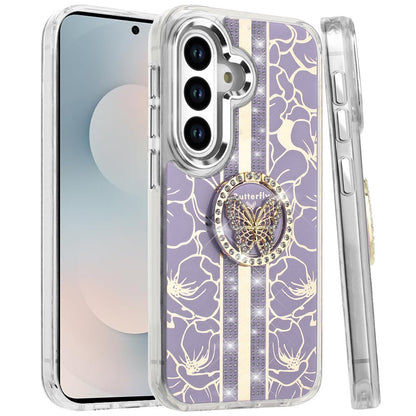 For Samsung Galaxy S26 Diamonds 3D Butterfly Floral Design Bling Sparkly Glitter Hybrid Metal Fashion with Ring Stand Case Cover