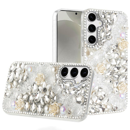 For Samsung Galaxy S25 /S24 Fashion Rose Flower Floral, 3D Bling Crystal Full Diamonds Pearl Sparkle Rhinestone Glitter Hybrid Case Cover