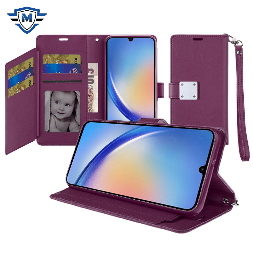 For Apple iPhone 16 (6.1") Premium Leather Wallet with Credit Card ID Slots Cash Holder Duo Flip Pouch Stand and Strap Case Cover