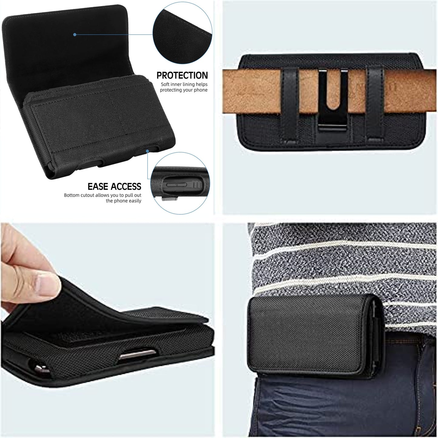 For Apple iPhone 16 Pro (6.3") Nylon Canvas Fabric Waist Belt Holster Horizontal Pouch Holds Large Phone Works with Thick Cases Universal Cover [Black]