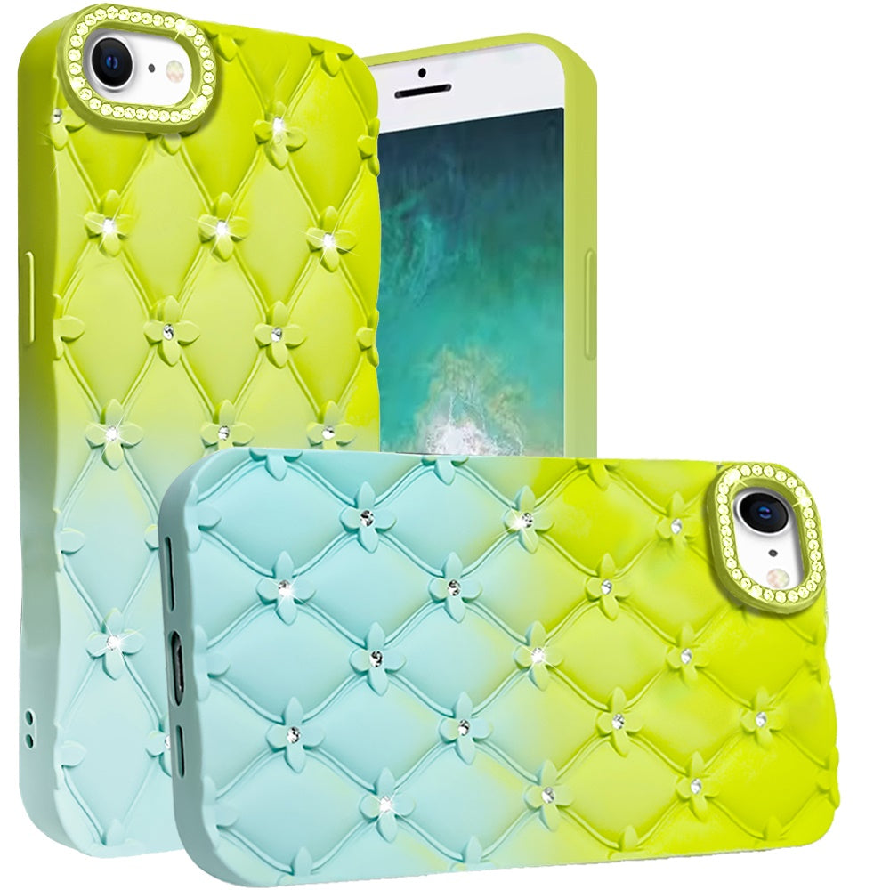 For Apple iPhone 17E /16E Fashion Flower Design Sparkle Glitter Shimmer Rhinestone Bling Floral Accents, Leather Texture TPU Case Cover