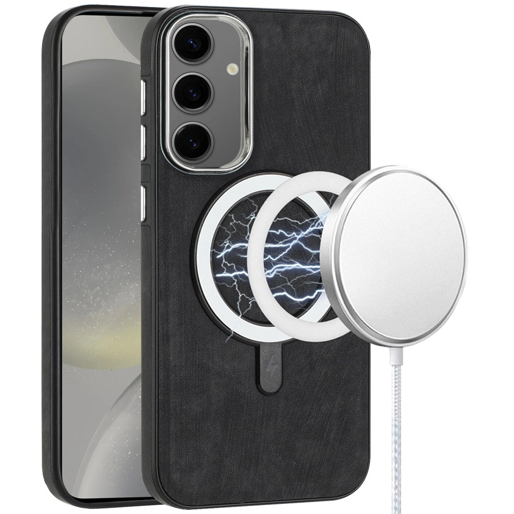 For Samsung Galaxy S25+ /S25 Plus /S24+ Plus Fashion PU Vegan Leather Chrome Edge Hybrid, MagSafe Compatible, Durable TPU Hard PC Case Cover