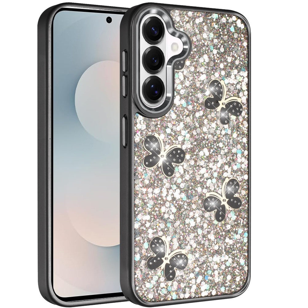 For Samsung Galaxy S26+ / S26 Plus Cute Butterfly Crystal Diamond Glitter Case Sparkle Bling Frame Metallic Edges, Shimmer TPU Hybrid Case Cover