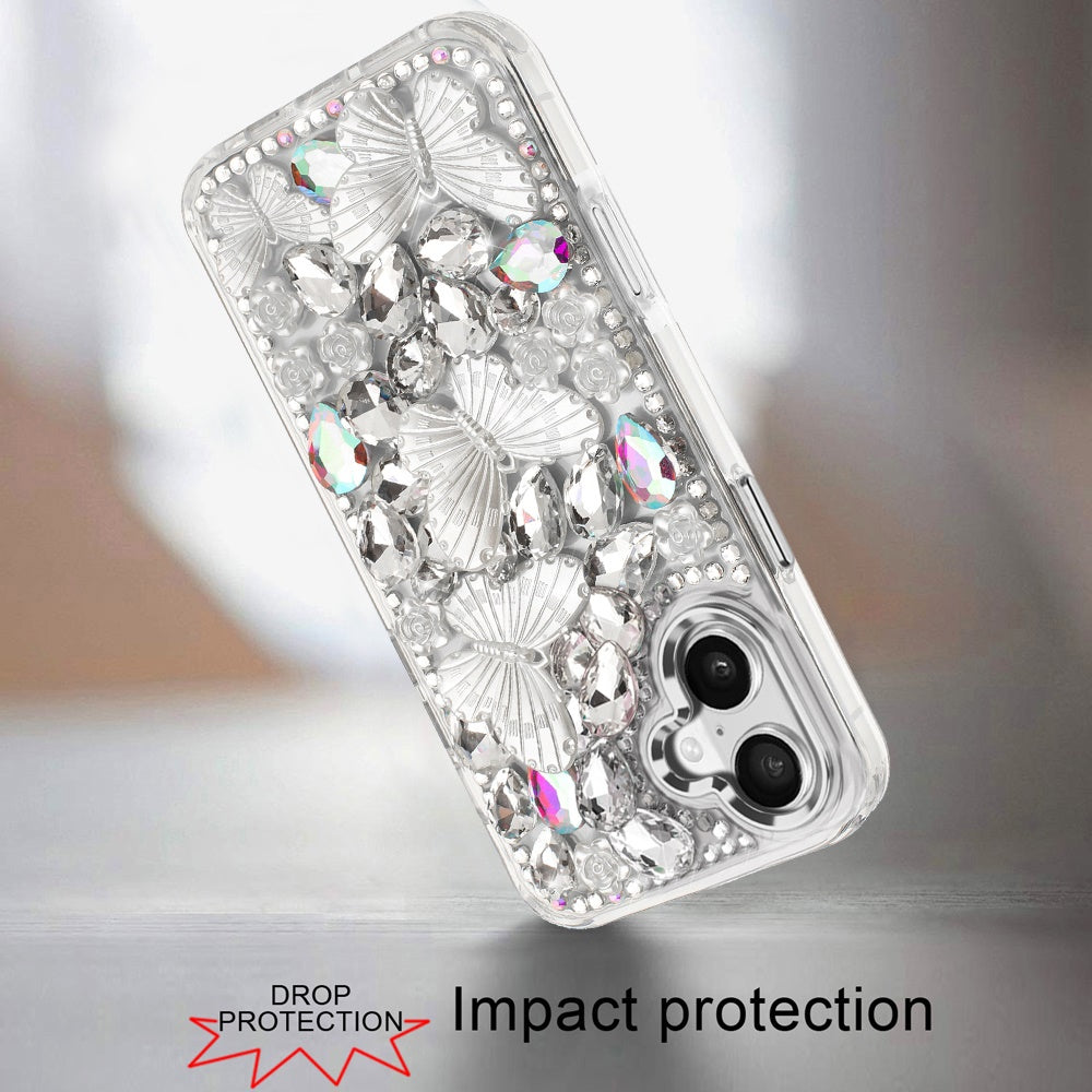For Apple iPhone 17 (6.3") 3D Diamond Floral Butterfly Bling Stone Hybrid, Sparkly Rhinestone Gemstone Back Shockproof Case Cover