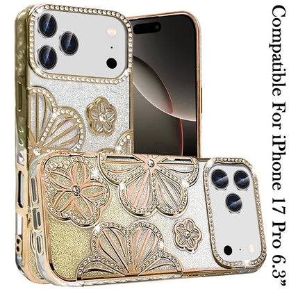 For Apple iPhone 17 Pro (6.3") Luxury Flower Design Sparkle Glitter Diamond Rhinestone Shimmer Bling Plating Thick TPU Hard PC Case Cover