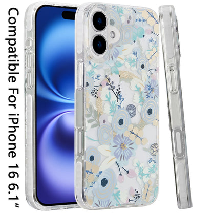 For Apple iPhone 16 (6.1") Floral Pattern Design Cute Clear Hybrid Compatible with Magsafe Double Layer Soft TPU Hard PC Back Slim Case Cover