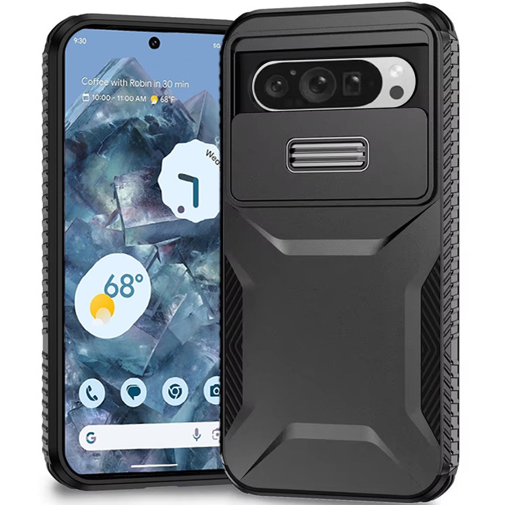 For Google Pixel 9 Pro XL Slim Fit Shockproof Hybrid with Slide Camera Window Covering, Rugged Tpu Silicone Hard PC Bumper Case Cover