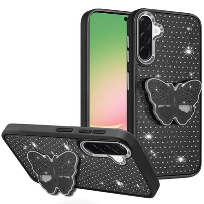 For Samsung Galaxy A37 Butterfly Moveable Grip 3D Pop Stand Full Diamond Bling Sparkling TPU Fashion Hybrid Case Cover