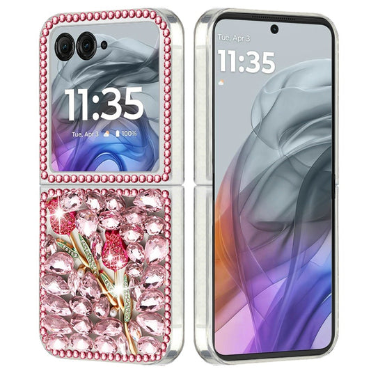 For Motorola Razr 2025 /2024 Bling Crystal 3D Full Diamonds Luxury Sparkle Rhinestone Hybrid Case Cover Pink Exquisite Garden Flower