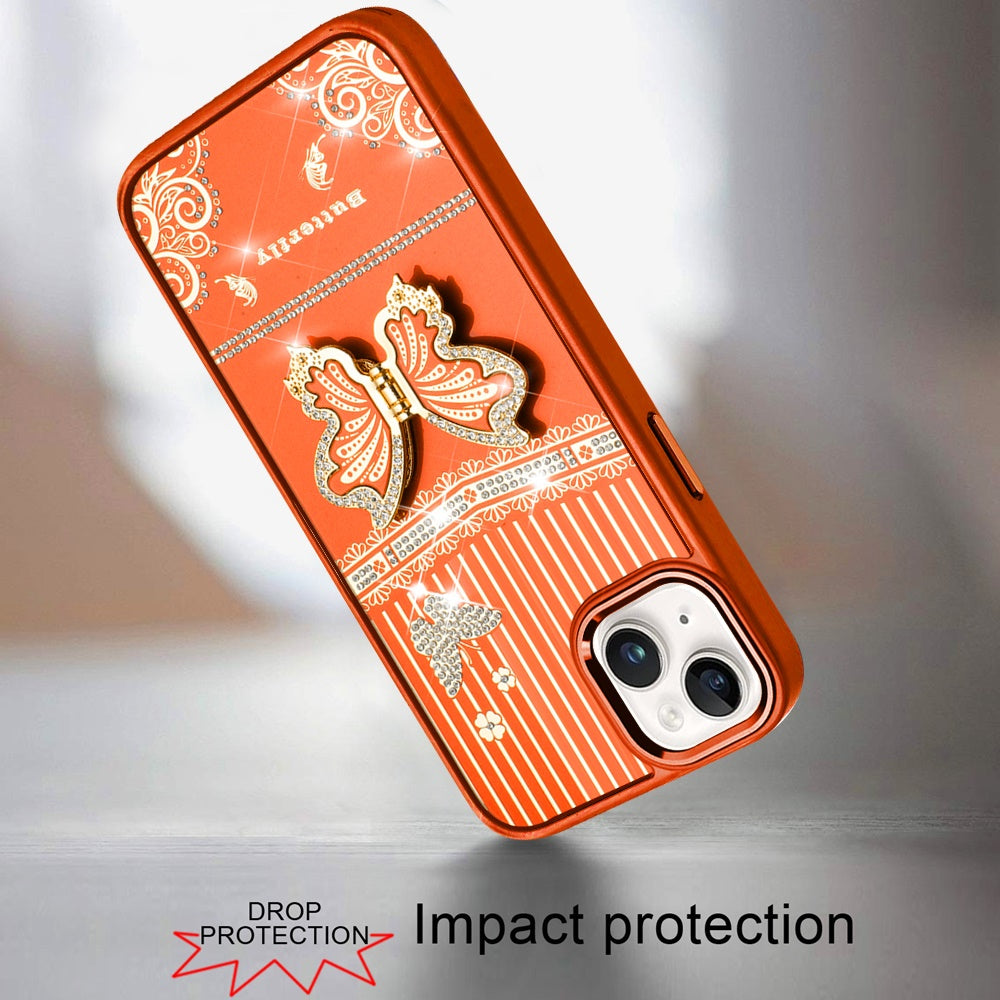 For iPhone 12 / iPhone 12 Pro (6.1") Glitter 3D Butterfly Design Bling Metallic Edge Hybrid Stand Drop Protection TPU Shockproof Case Cover Cosmic Orange