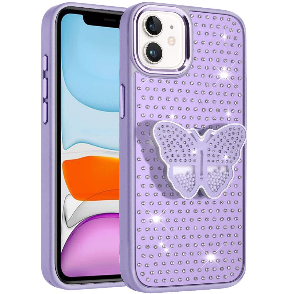For Apple iPhone 11 Butterfly Moveable Grip 3D Pop Stand Full Diamond Bling Sparkling TPU Fashion Hybrid Case Cover