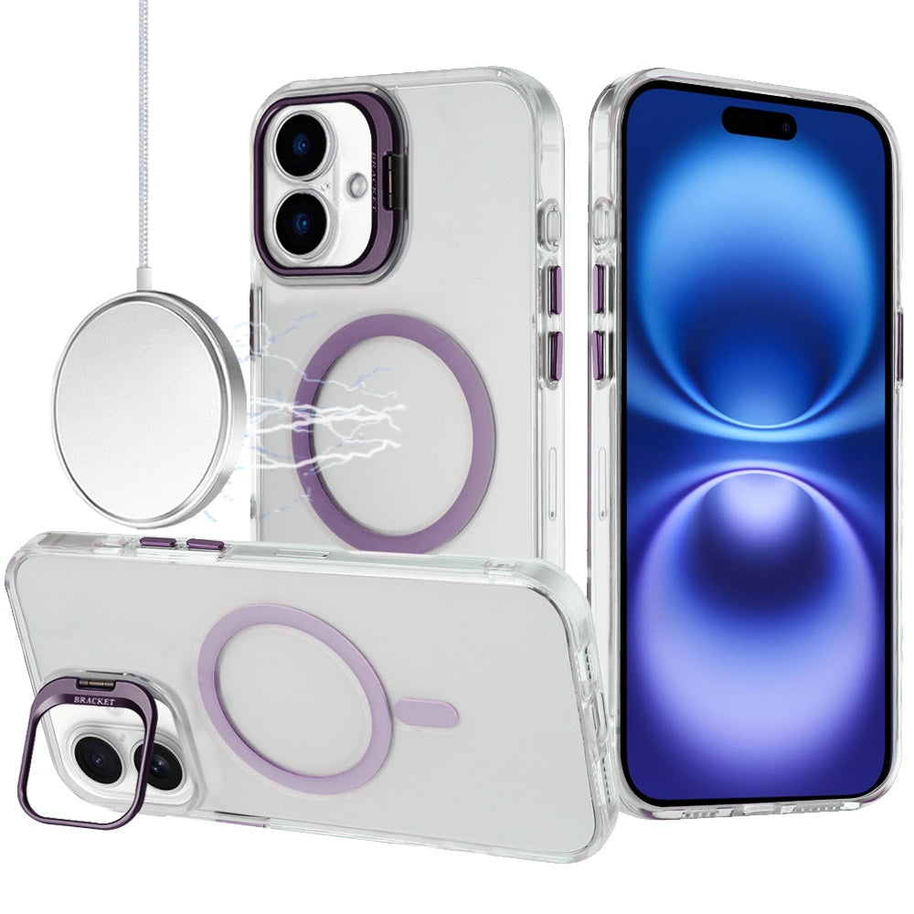For Apple iPhone 17 (6.3") Magnetic Back MagSafe Compatible Transparent Hybrid Drop Protection with Metallic Camera Stand Case Cover