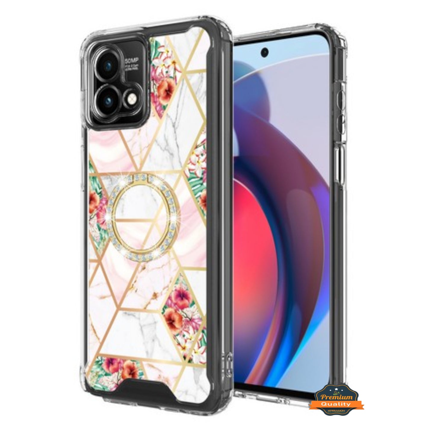 For Motorola Moto G Stylus 5G 2025 Fashion Design Bling Diamond Hybrid Protective Case, Ring Kickstand Hard PC + TPU Case Cover