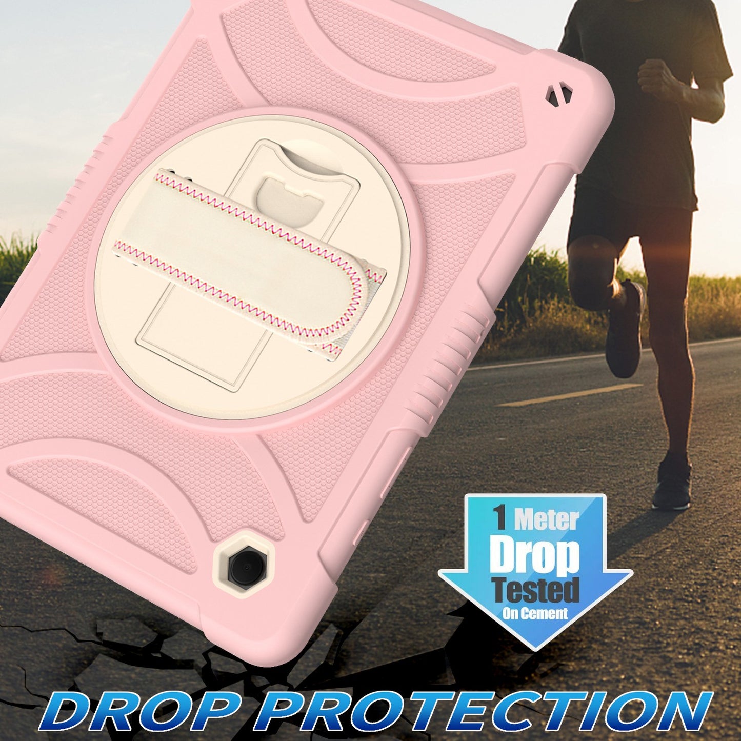 For 3-in-1 Tough Hybrid Shockproof Protector Silicone TPU with Pencil Holder, Kickstand, Hand & Shoulder Strap Rose Gold Pink Tablet Case Cover