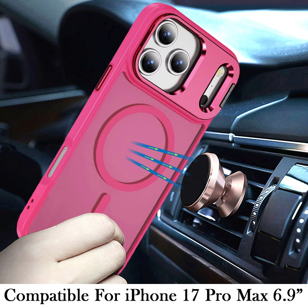 For Apple iPhone 17 Pro Max (6.9") Heavy Duty Metallic Hybrid Tough TPU with Camera Ring Stand, MagSafe Compatible, Rugged Drop Protection Case Cover Hotpink