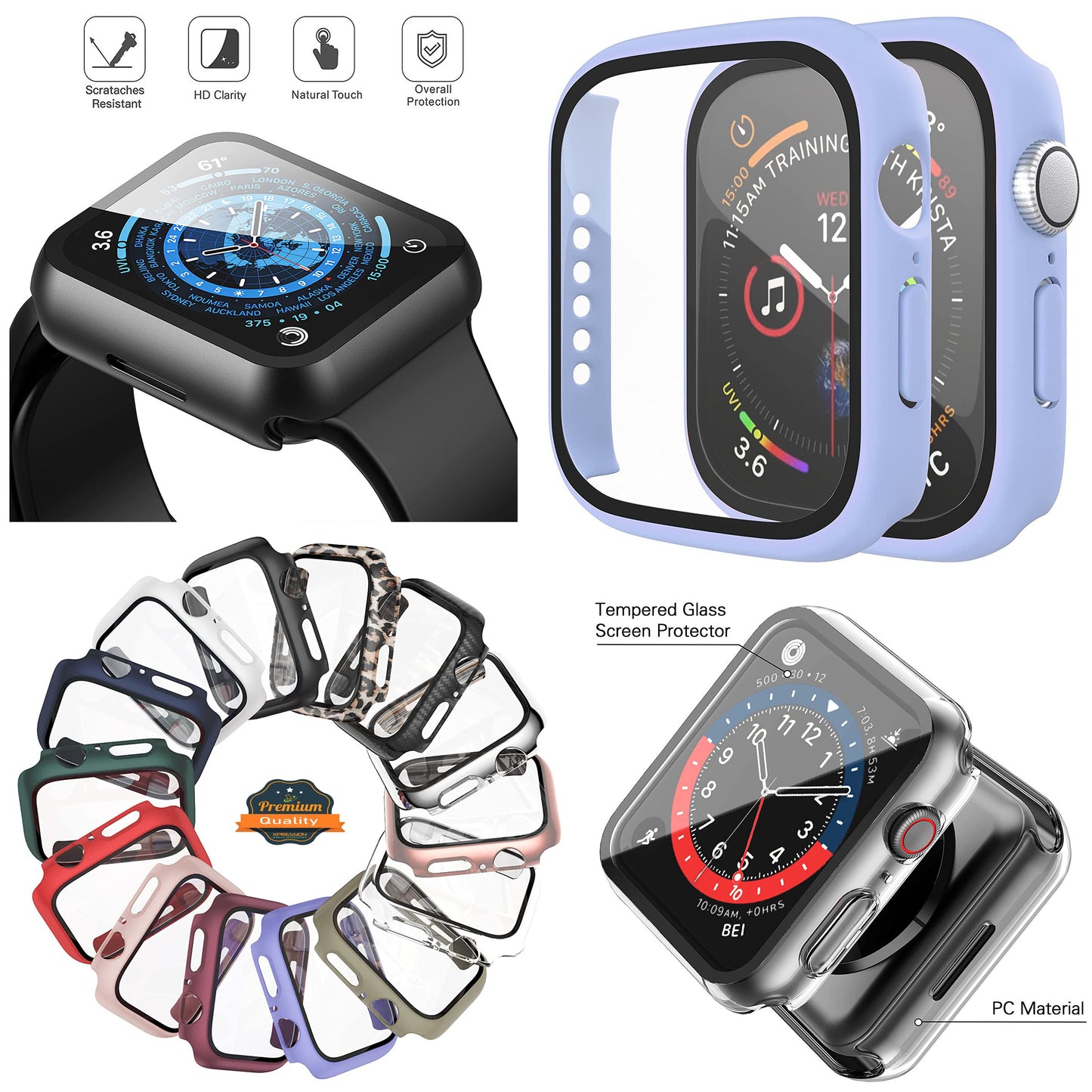 For Apple Watch Size 46mm Slim Hard PC Bumper, Clear Touch Full Coverage with Built in Tempered Glass Screen Protector Case Cover