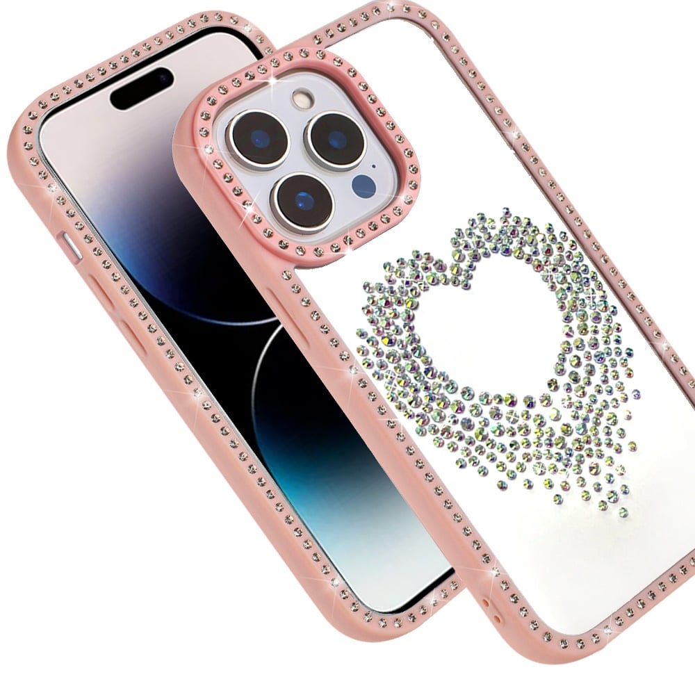 For iPhone 14 Pro Max (6.7") Angel Hearts Glitter Shimmer Diamond Edge Hybrid Drop Protection Shockproof Design Case Cover
