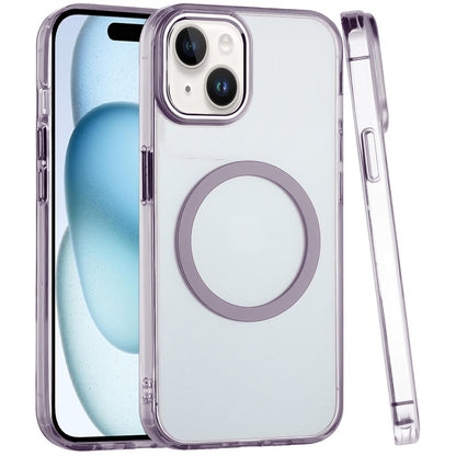 For iPhone 15 (6.1") Transparent Back Hybrid Case - Magnetic Circle, Color Frame, Metal Buttons, MagSafe Compatible Case Cover
