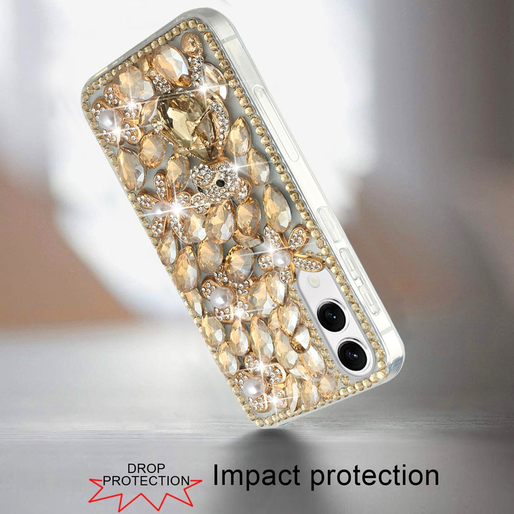 For Samsung Galaxy S25 Edge Bling Crystal 3D Full Diamonds Luxury Sparkle Rhinestone Hybrid Protective Case Cover Gold Swan Crown Pearl