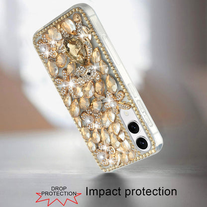 For Samsung Galaxy S25 Edge Bling Crystal 3D Full Diamonds Luxury Sparkle Rhinestone Hybrid Protective Case Cover Gold Swan Crown Pearl