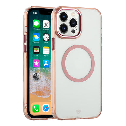 For Apple iPhone 13 Pro Transparent Back Hybrid Case - Magnetic Circle, Color Frame, Metal Buttons, MagSafe Compatible Case Cover Rose Gold